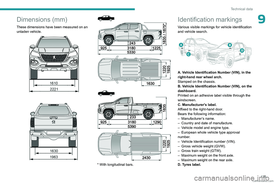 PEUGEOT LANDTREK 2023  Owners Manual 135
Technical data
9Dimensions (mm)
These dimensions have been measured on an unladen vehicle.
 
 
 
 
 
 
 
 
* With longitudinal bars.
Identification  markings
Various visible markings for vehicle i