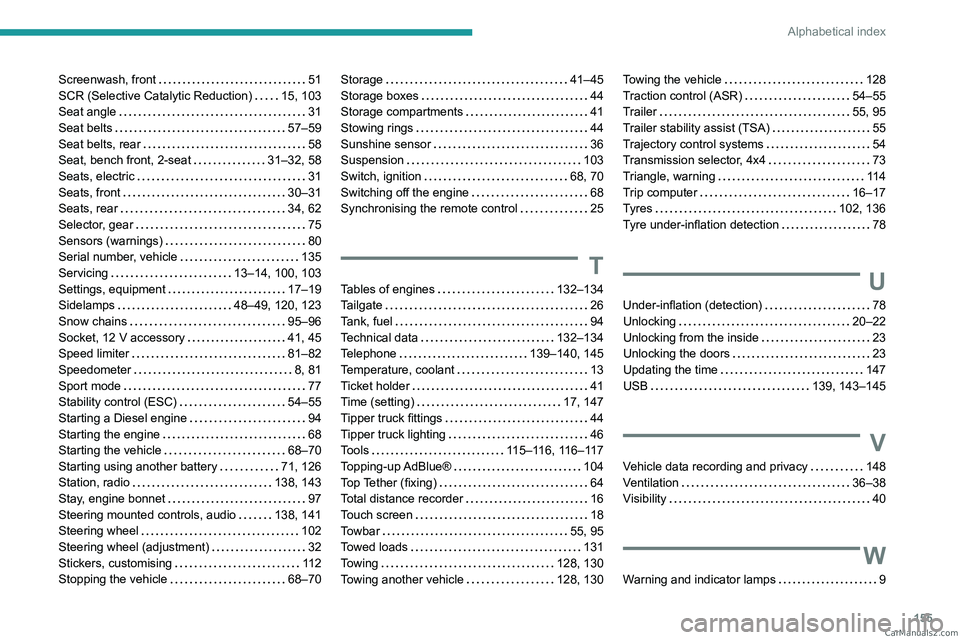 PEUGEOT LANDTREK 2023  Owners Manual 155
Alphabetical index
Screenwash, front    51
SCR (Selective Catalytic Reduction)     
15, 103
Seat angle
    
31
Seat belts
    
57–59
Seat belts, rear
    
58
Seat, bench front, 2-seat
   
31–3