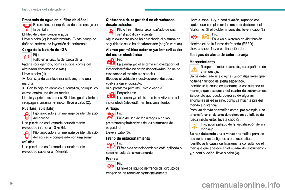 PEUGEOT LANDTREK 2023 Manual del propietario (in Spanish) 10
Instrumentos del salpicadero
Presencia de agua en el filtro de diéselEncendido, acompañado de un mensaje en la pantalla.
El filtro de diésel contiene agua.
Lleve a cabo (2) inmediatamente. Exist PEUGEOT LANDTREK 2023 Manual del propietario (in Spanish) 10
Instrumentos del salpicadero
Presencia de agua en el filtro de diéselEncendido, acompañado de un mensaje en la pantalla.
El filtro de diésel contiene agua.
Lleve a cabo (2) inmediatamente. Exist
