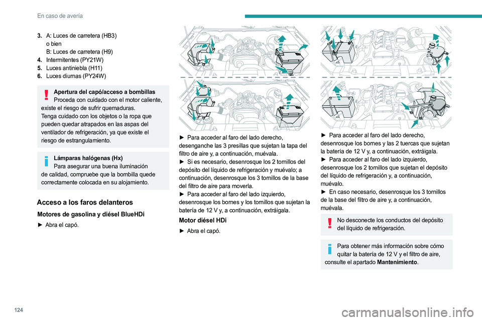 PEUGEOT LANDTREK 2023 Manual del propietario (in Spanish) 124
En caso de avería
3.A: Luces de carretera (HB3)
o bien
B: Luces de carretera (H9)
4. Intermitentes (PY21W)
5. Luces antiniebla (H11)
6. Luces diurnas (PY24W)
Apertura del capó/acceso a bombillas PEUGEOT LANDTREK 2023 Manual del propietario (in Spanish) 124
En caso de avería
3.A: Luces de carretera (HB3)
o bien
B: Luces de carretera (H9)
4. Intermitentes (PY21W)
5. Luces antiniebla (H11)
6. Luces diurnas (PY24W)
Apertura del capó/acceso a bombillas