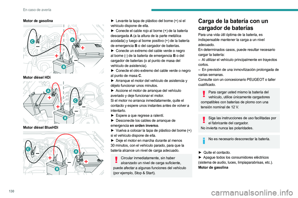 PEUGEOT LANDTREK 2023 Manual del propietario (in Spanish) 130
En caso de avería
Motor de gasolina
Motor diésel HDi
Motor diésel BlueHDi
► Levante la tapa de plástico del borne (+) si el
vehículo dispone de ella.
►
Conecte el cable rojo a PEUGEOT LANDTREK 2023 Manual del propietario (in Spanish) 130
En caso de avería
Motor de gasolina
Motor diésel HDi
Motor diésel BlueHDi
► Levante la tapa de plástico del borne (+) si el
vehículo dispone de ella.
►
Conecte el cable rojo a