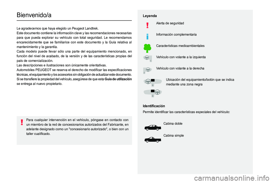 PEUGEOT LANDTREK 2023  Manual del propietario (in Spanish)   
 
 
 
 
 
  
  
   
   
 
  
 
  
 
 
 
   
 
 
  
Bienvenido/a
Le agradecemos que haya elegido un Peugeot Landtrek.
Este documento contiene la información clave y las recomendaciones necesarias 
