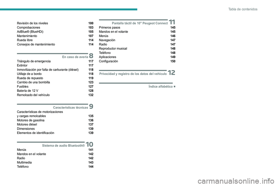 PEUGEOT LANDTREK 2023  Manual del propietario (in Spanish) 3
Tabla de contenidos
Revisión de los niveles  100
Comprobaciones  103
AdBlue® (BlueHDi)  105
Mantenimiento  107
Rueda libre  11 4
Consejos de mantenimiento  11 4
 8En caso de averíaTriángulo de