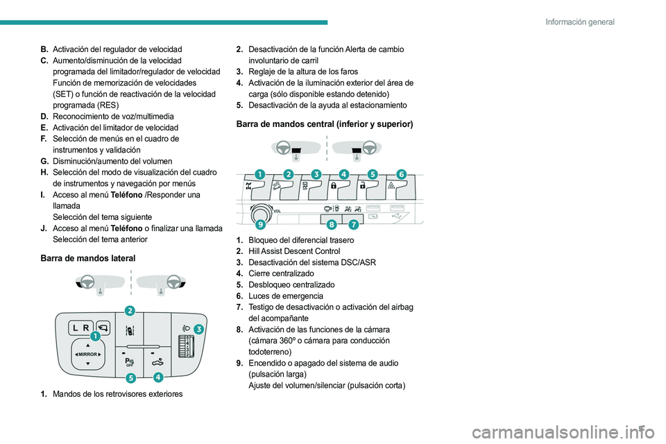 PEUGEOT LANDTREK 2023  Manual del propietario (in Spanish) 5
Información general
B.Activación del regulador de velocidad
C. Aumento/disminución de la velocidad 
programada del limitador/regulador de velocidad
Función de memorización de velocidades 
(SET)