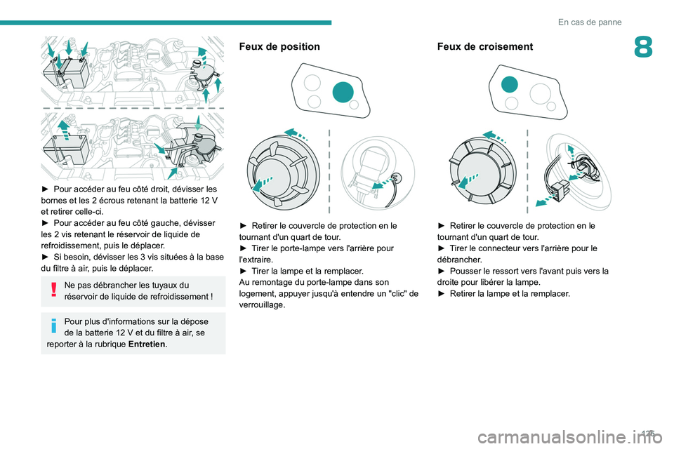 PEUGEOT LANDTREK 2023  Manuel du propriétaire (in French) 125
En cas de panne
8
 
► Pour accéder au feu côté droit, dévisser les 
bornes et les 2   écrous retenant la batterie 12   V 
et retirer celle-ci.
►
 
Pour accéder au feu côté gauche, dév
