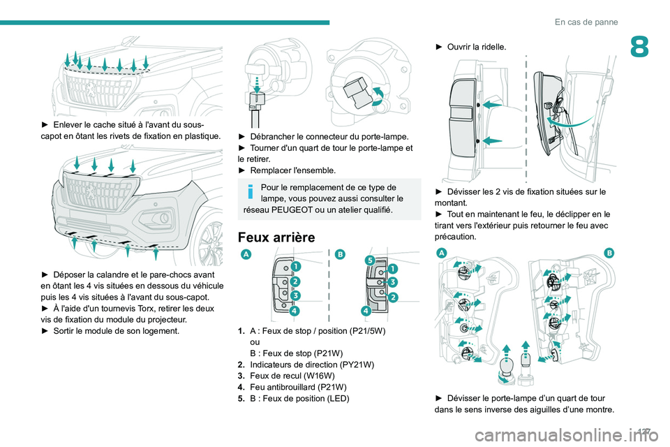 PEUGEOT LANDTREK 2023  Manuel du propriétaire (in French) 127
En cas de panne
8
 
► Enlever le cache situé à l'avant du sous-
capot en ôtant les rivets de fixation en plastique.
 
 
► Déposer la calandre et le pare-chocs avant 
en ôtant les 4 vi