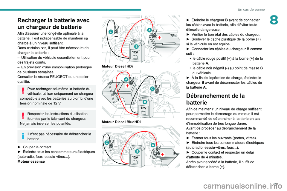 PEUGEOT LANDTREK 2023 Manuel du propriétaire (in French) 131
En cas de panne
8Recharger la batterie avec
un chargeur de batterie
Afin d'assurer une longévité optimale à la
batterie, il est indispensable de maintenir sa
charge à un niveau suffisan PEUGEOT LANDTREK 2023 Manuel du propriétaire (in French) 131
En cas de panne
8Recharger la batterie avec
un chargeur de batterie
Afin d'assurer une longévité optimale à la
batterie, il est indispensable de maintenir sa
charge à un niveau suffisan