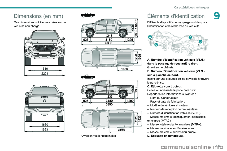 PEUGEOT LANDTREK 2023  Manuel du propriétaire (in French) 139
Caractéristiques techniques
9Dimensions (en mm)
Ces dimensions ont été mesurées sur un 
véhicule non chargé. 
 
 
 
 
 
 
 
 
* Avec barres longitudinales.
Éléments d'identification
Di