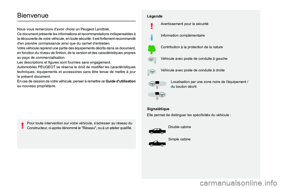 PEUGEOT LANDTREK 2023 Manuel du propriétaire (in French)
Bienvenue
Nous vous remercions d'avoir choisi un Peugeot Landtrek.
Ce document présente les informations et recommandations indispensables à PEUGEOT LANDTREK 2023 Manuel du propriétaire (in French)
Bienvenue
Nous vous remercions d'avoir choisi un Peugeot Landtrek.
Ce document présente les informations et recommandations indispensables à