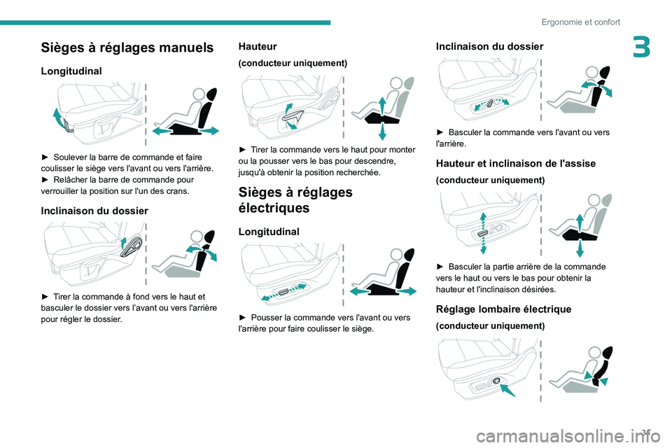 PEUGEOT LANDTREK 2023  Manuel du propriétaire (in French) 31
Ergonomie et confort
3Sièges à réglages manuels
Longitudinal 
 
► Soulever la barre de commande et faire 
coulisser le siège vers l'avant ou vers l'arrière.
►
 
Relâcher la barre 