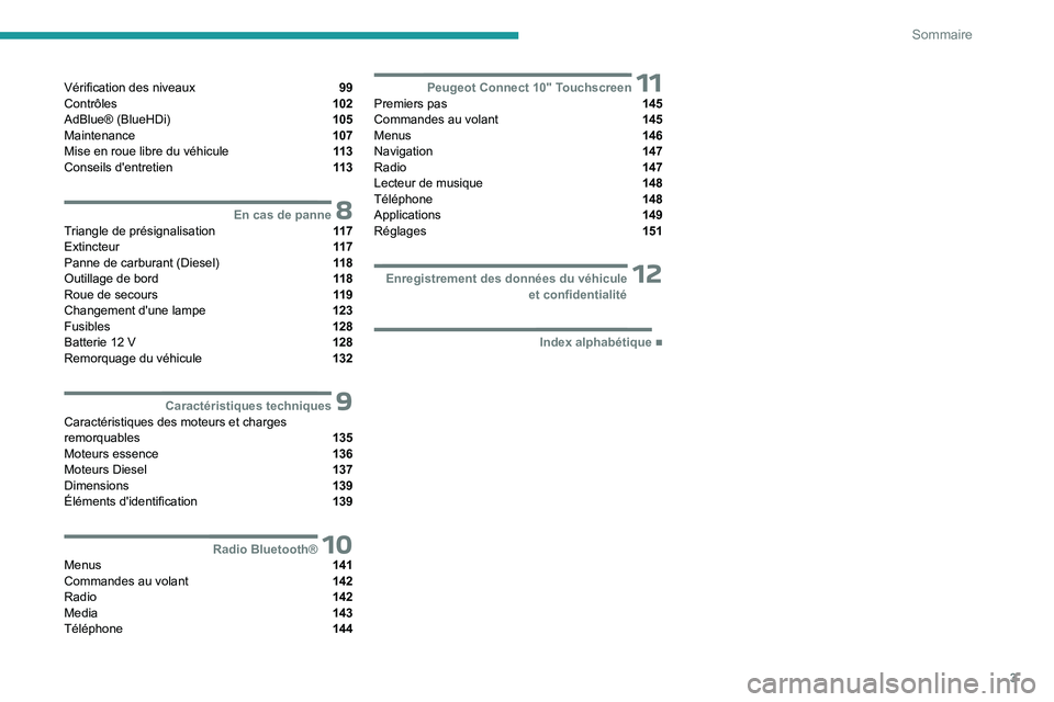 PEUGEOT LANDTREK 2023  Manuel du propriétaire (in French) 3
Sommaire
Vérification des niveaux  99
Contrôles  102
AdBlue® (BlueHDi)  105
Maintenance  107
Mise en roue libre du véhicule  11 3
Conseils d'entretien  11 3
 8En cas de panneTriangle de pr