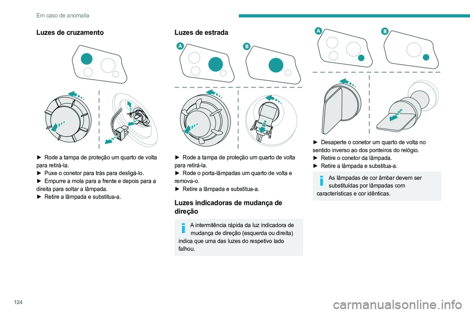 PEUGEOT LANDTREK 2023  Manual de utilização (in Portuguese) 124
Em caso de anomalia
Luzes de cruzamento 
 
► Rode a tampa de proteção um quarto de volta  
para retirá-la.
►
 
Puxe o conetor para trás para desligá-lo.
►

 
Empurre a mola para a frent