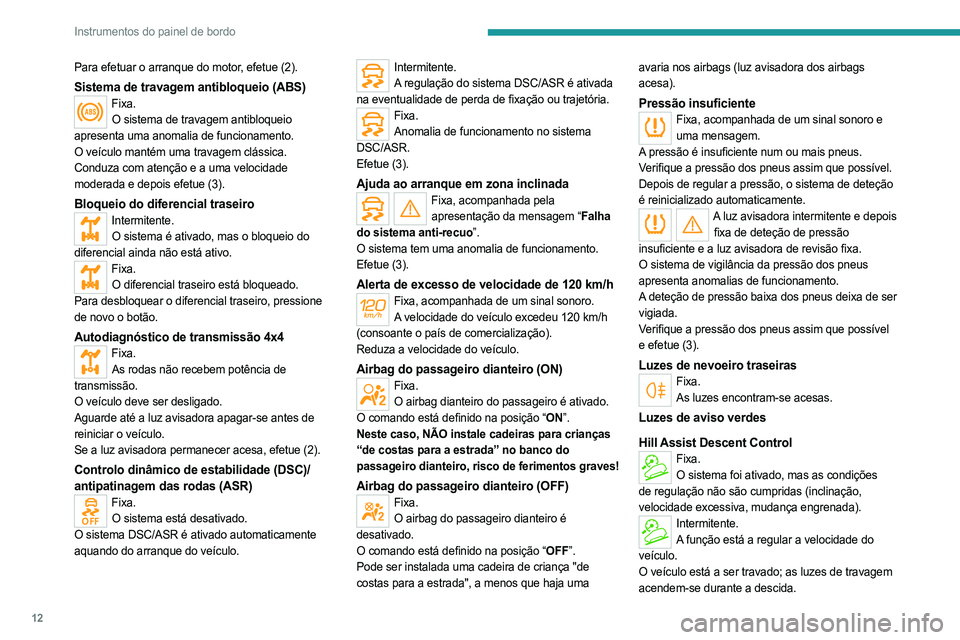 PEUGEOT LANDTREK 2023 Manual de utilização (in Portuguese) 12
Instrumentos do painel de bordo
Para efetuar o arranque do motor, efetue (2).
Sistema de travagem antibloqueio (ABS)Fixa.O sistema de travagem antibloqueio
apresenta uma anomalia de funcionamento. PEUGEOT LANDTREK 2023 Manual de utilização (in Portuguese) 12
Instrumentos do painel de bordo
Para efetuar o arranque do motor, efetue (2).
Sistema de travagem antibloqueio (ABS)Fixa.O sistema de travagem antibloqueio
apresenta uma anomalia de funcionamento.