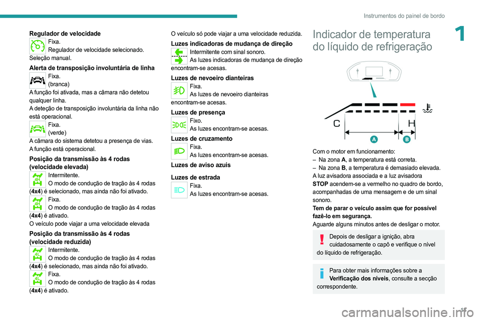 PEUGEOT LANDTREK 2023 Manual de utilização (in Portuguese) 13
Instrumentos do painel de bordo
1Regulador de velocidadeFixa.Regulador de velocidade selecionado.
Seleção manual.
Alerta de transposição involuntária de linhaFixa. (branca)
A função foi ativ PEUGEOT LANDTREK 2023 Manual de utilização (in Portuguese) 13
Instrumentos do painel de bordo
1Regulador de velocidadeFixa.Regulador de velocidade selecionado.
Seleção manual.
Alerta de transposição involuntária de linhaFixa. (branca)
A função foi ativ