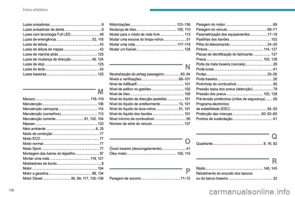 PEUGEOT LANDTREK 2023 Manual de utilização (in Portuguese) 156
Índice alfabético
Luzes avisadoras 9
Luzes avisadoras de alerta
9
Luzes com tecnologia Full LED
48
Luzes de emergência
53, 116
Luzes de leitura
43
Luzes de leitura de mapas PEUGEOT LANDTREK 2023 Manual de utilização (in Portuguese) 156
Índice alfabético
Luzes avisadoras 9
Luzes avisadoras de alerta
9
Luzes com tecnologia Full LED
48
Luzes de emergência
53, 116
Luzes de leitura
43
Luzes de leitura de mapas