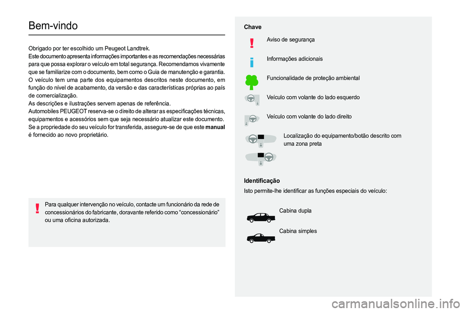 PEUGEOT LANDTREK 2023 Manual de utilização (in Portuguese)
Bem-vindo
Obrigado por ter escolhido um Peugeot Landtrek.
Este documento apresenta informações importantes e as recomendaç\
ões necessárias
PEUGEOT LANDTREK 2023 Manual de utilização (in Portuguese)
Bem-vindo
Obrigado por ter escolhido um Peugeot Landtrek.
Este documento apresenta informações importantes e as recomendaç\
ões necessárias
