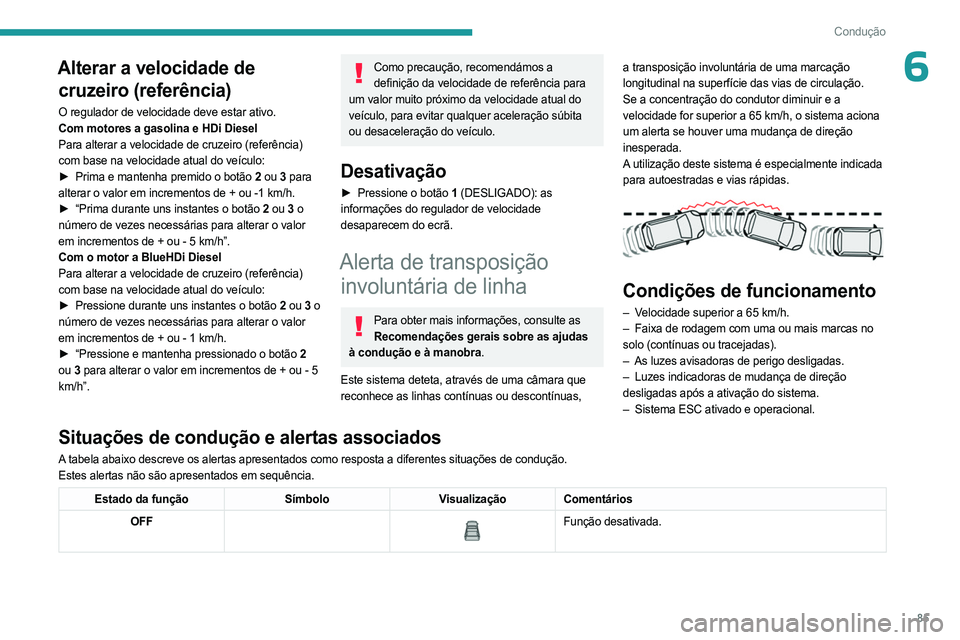 PEUGEOT LANDTREK 2023  Manual de utilização (in Portuguese) 85
Condução
6Alterar a velocidade de cruzeiro (referência)
O regulador de velocidade deve estar ativo.
Com motores a gasolina e HDi Diesel
Para alterar a velocidade de cruzeiro (referência) 
com b