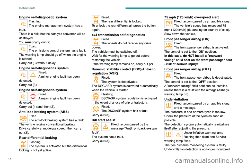 PEUGEOT LANDTREK 2022  Owners Manual 10
Instruments
Engine self-diagnostic systemFlashing.
The engine management system has a 
fault.
There is a risk that the catalytic converter will be 
destroyed.
You must carry out (2).
Fixed.
The emi