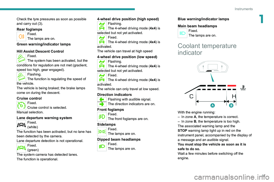 PEUGEOT LANDTREK 2022  Owners Manual 11
Instruments
1Check the tyre pressures as soon as possible 
and carry out (3).
Rear foglampsFixed.
The lamps are on.
Green warning/indicator lamps
Hill Assist Descent Control
Fixed.
The system has b