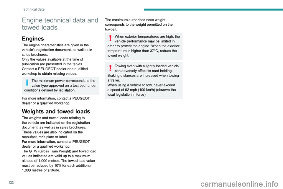 PEUGEOT LANDTREK 2022  Owners Manual 122
Technical data
Engine technical data and 
towed loads
Engines
The engine characteristics are given in the 
vehicle's registration document, as well as in 
sales brochures.
Only the values avai