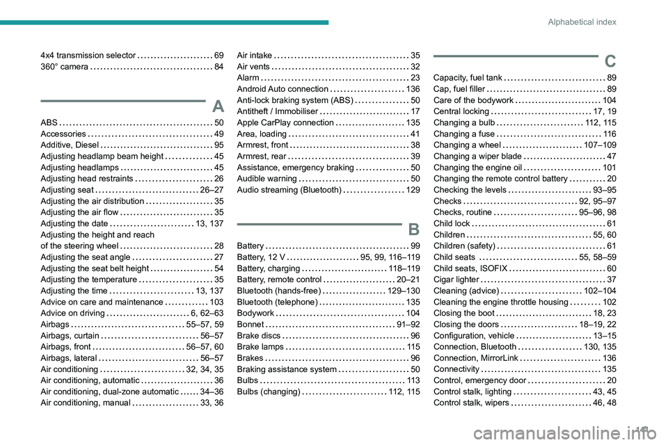 PEUGEOT LANDTREK 2022 Owners Manual 141
Alphabetical index
4x4 transmission selector 69
360° camera
84
A
ABS 50
Accessories
49
Additive, Diesel
95
Adjusting headlamp beam height
45
Adjusting headlamps
45 PEUGEOT LANDTREK 2022 Owners Manual 141
Alphabetical index
4x4 transmission selector 69
360° camera
84
A
ABS 50
Accessories
49
Additive, Diesel
95
Adjusting headlamp beam height
45
Adjusting headlamps
45