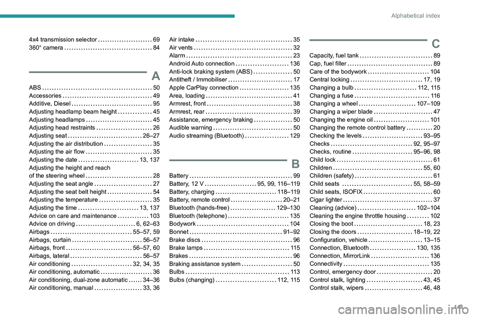 PEUGEOT LANDTREK 2022  Owners Manual 141
Alphabetical index
4x4 transmission selector     69
360° camera     
84
A
ABS    50
Accessories     
49
Additive, Diesel
    
95
Adjusting headlamp beam height
    
45
Adjusting headlamps
    
45