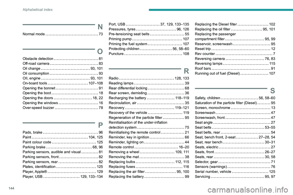 PEUGEOT LANDTREK 2022 Owners Manual 144
Alphabetical index
N
Normal mode 73
O
Obstacle detection 81
Off-road camera
83
Oil change
93, 101
Oil consumption
93
OIl, engine
93, 101
On-board tools
107–108
Op PEUGEOT LANDTREK 2022 Owners Manual 144
Alphabetical index
N
Normal mode 73
O
Obstacle detection 81
Off-road camera
83
Oil change
93, 101
Oil consumption
93
OIl, engine
93, 101
On-board tools
107–108
Op