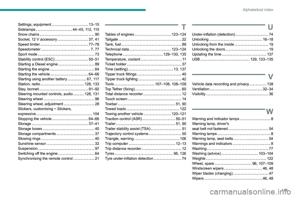 PEUGEOT LANDTREK 2022 Owners Manual 145
Alphabetical index
Settings, equipment 13–15
Sidelamps
44–45, 112, 115
Snow chains
90
Socket, 12 V accessory
37, 41
Speed limiter
77–78
Speedometer
7, 77
Sport mo PEUGEOT LANDTREK 2022 Owners Manual 145
Alphabetical index
Settings, equipment 13–15
Sidelamps
44–45, 112, 115
Snow chains
90
Socket, 12 V accessory
37, 41
Speed limiter
77–78
Speedometer
7, 77
Sport mo