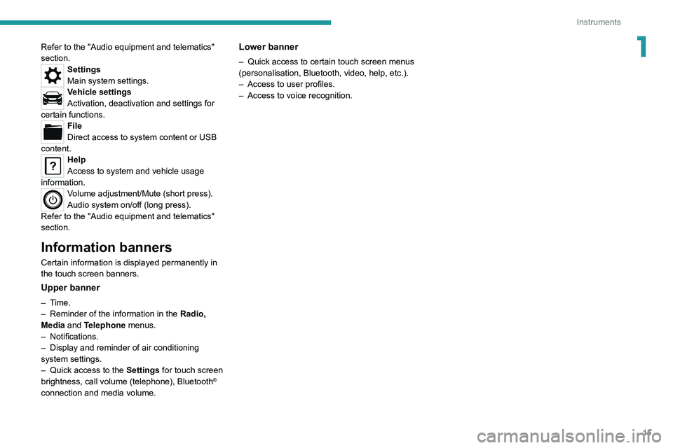 PEUGEOT LANDTREK 2022  Owners Manual 15
Instruments
1Refer to the "Audio equipment and telematics" 
section.
Settings
Main system settings.
Vehicle settings
Activation, deactivation and settings for 
certain functions.
File
Direc