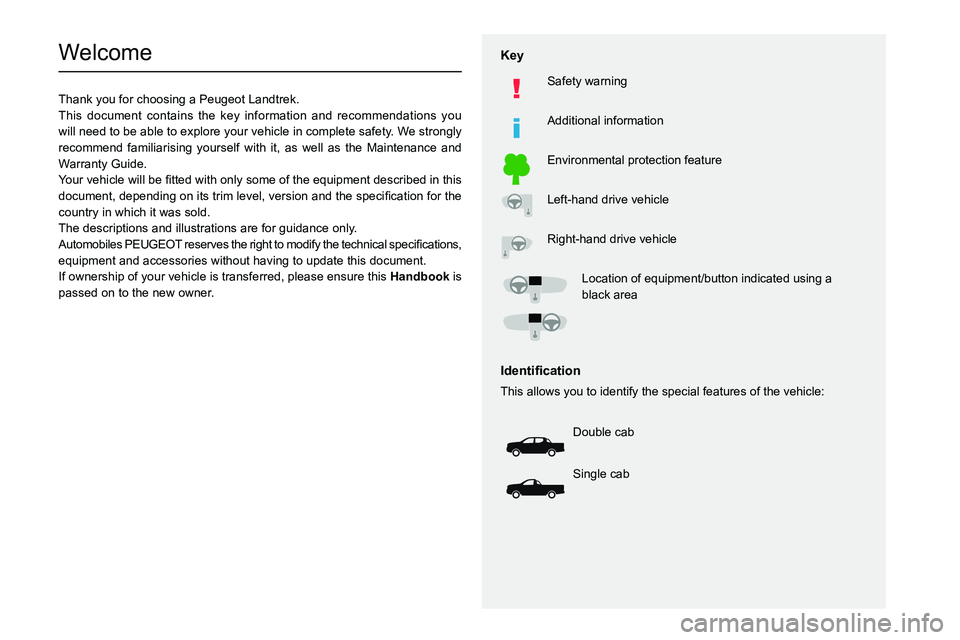 PEUGEOT LANDTREK 2022 Owners Manual
Welcome
Thank you for choosing a Peugeot Landtrek.
This document contains the key information and recommendations you
will need to be able to exp PEUGEOT LANDTREK 2022 Owners Manual
Welcome
Thank you for choosing a Peugeot Landtrek.
This document contains the key information and recommendations you
will need to be able to exp