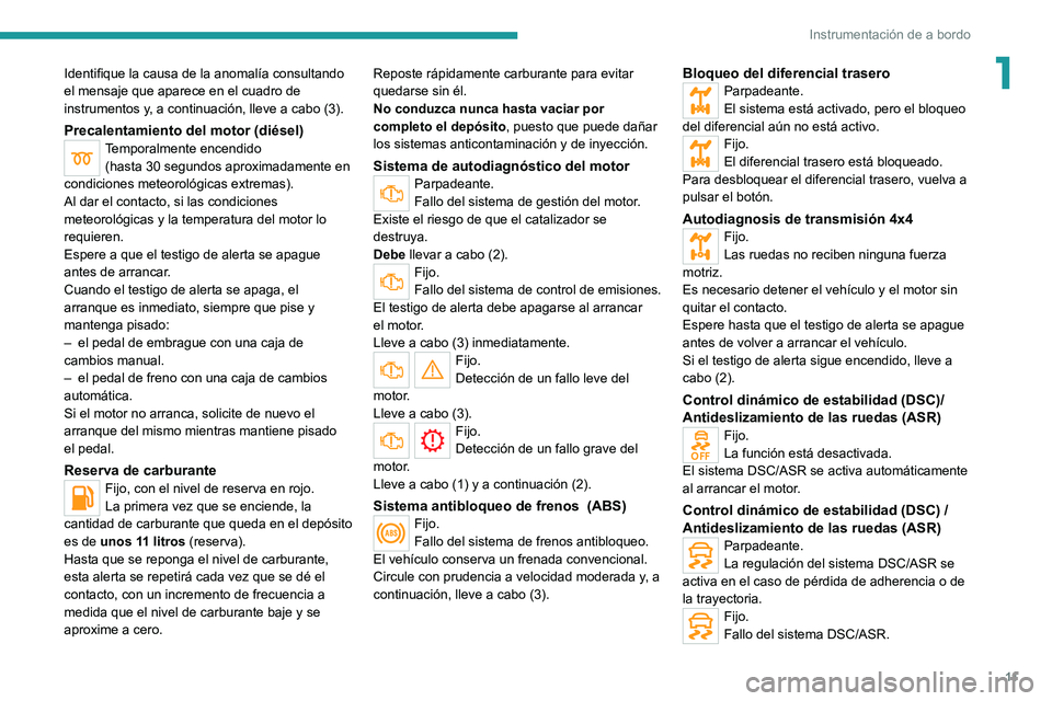 PEUGEOT LANDTREK 2022 Manual del propietario (in Spanish) 11
Instrumentación de a bordo
1Identifique la causa de la anomalía consultando
el mensaje que aparece en el cuadro de
instrumentos y, a continuación, lleve a cabo (3).
Precalentamiento del motor PEUGEOT LANDTREK 2022 Manual del propietario (in Spanish) 11
Instrumentación de a bordo
1Identifique la causa de la anomalía consultando
el mensaje que aparece en el cuadro de
instrumentos y, a continuación, lleve a cabo (3).
Precalentamiento del motor
