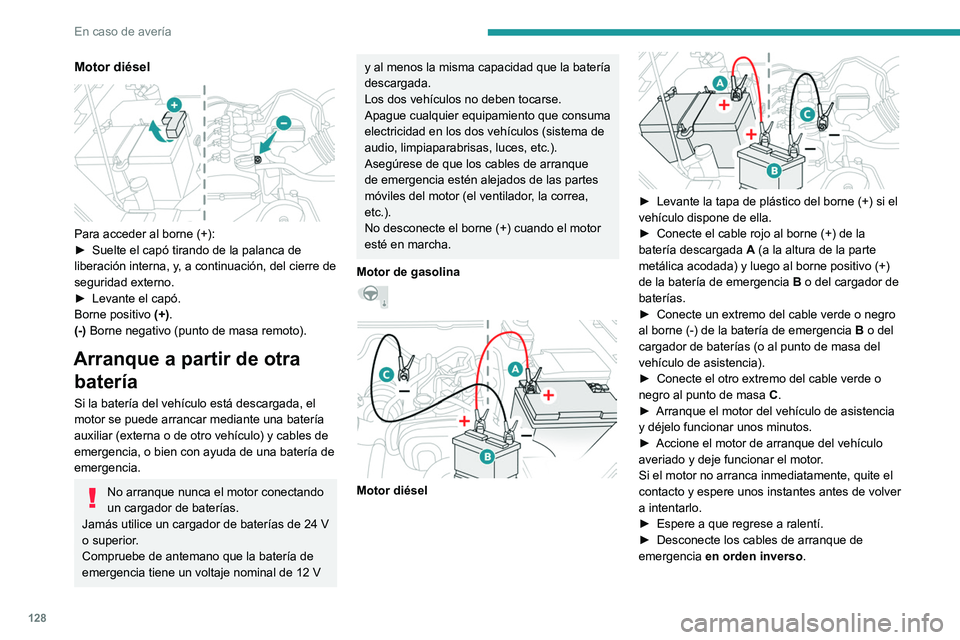 PEUGEOT LANDTREK 2022 Manual del propietario (in Spanish) 128
En caso de averÃa
Motor diésel
Para acceder al borne (+):
► Suelte el capó tirando de la palanca de
liberación interna, y
, a continuación, del cierre de
seguridad externo.
â–º
Levan PEUGEOT LANDTREK 2022 Manual del propietario (in Spanish) 128
En caso de averÃa
Motor diésel
Para acceder al borne (+):
► Suelte el capó tirando de la palanca de
liberación interna, y
, a continuación, del cierre de
seguridad externo.
â–º
Levan
