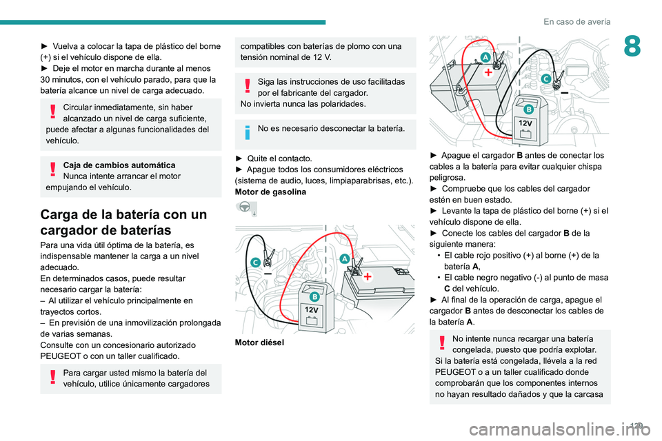 PEUGEOT LANDTREK 2022 Manual del propietario (in Spanish) 129
En caso de avería
8► Vuelva a colocar la tapa de plástico del borne
(+) si el vehículo dispone de ella.
►
Deje el motor en marcha durante al menos
30
minutos, con el vehículo parado, PEUGEOT LANDTREK 2022 Manual del propietario (in Spanish) 129
En caso de avería
8► Vuelva a colocar la tapa de plástico del borne
(+) si el vehículo dispone de ella.
►
Deje el motor en marcha durante al menos
30
minutos, con el vehículo parado,