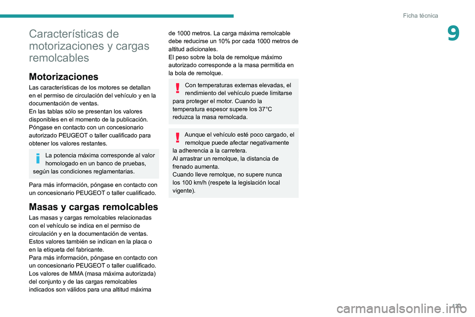 PEUGEOT LANDTREK 2022 Manual del propietario (in Spanish) 133
Ficha técnica
9Características de
motorizaciones y cargas
remolcables
Motorizaciones
Las características de los motores se detallan
en el permiso de circulación del vehículo y en la
docum PEUGEOT LANDTREK 2022 Manual del propietario (in Spanish) 133
Ficha técnica
9Características de
motorizaciones y cargas
remolcables
Motorizaciones
Las características de los motores se detallan
en el permiso de circulación del vehículo y en la
docum
