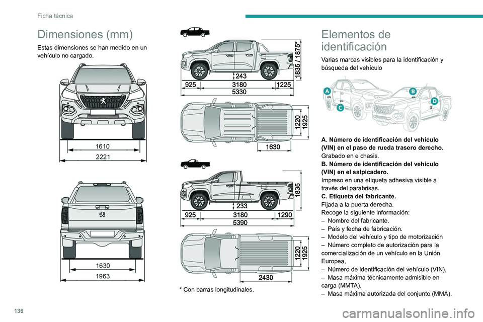 PEUGEOT LANDTREK 2022 Manual del propietario (in Spanish) 136
Ficha técnica
– Masa máxima sobre el eje delantero.
– Masa máxima sobre el eje trasero.
D. Etiqueta de neumáticos.
Fijada a la puerta izquierda.
Recoge la siguiente información relativa PEUGEOT LANDTREK 2022 Manual del propietario (in Spanish) 136
Ficha técnica
– Masa máxima sobre el eje delantero.
– Masa máxima sobre el eje trasero.
D. Etiqueta de neumáticos.
Fijada a la puerta izquierda.
Recoge la siguiente información relativa