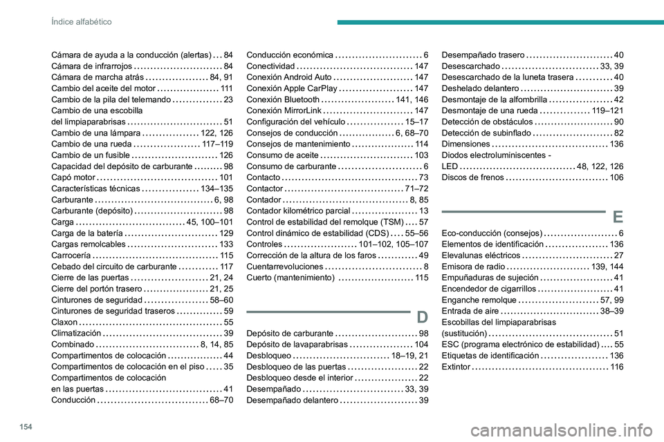 PEUGEOT LANDTREK 2022 Manual del propietario (in Spanish) 154
Índice alfabético
Cámara de ayuda a la conducción (alertas) 84
Cámara de infrarrojos
84
Cámara de marcha atrás
84, 91
Cambio del aceite del motor
111
Cambio de la pila de PEUGEOT LANDTREK 2022 Manual del propietario (in Spanish) 154
Índice alfabético
Cámara de ayuda a la conducción (alertas) 84
Cámara de infrarrojos
84
Cámara de marcha atrás
84, 91
Cambio del aceite del motor
111
Cambio de la pila de