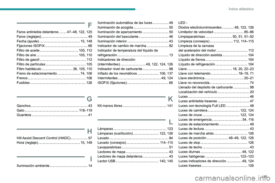 PEUGEOT LANDTREK 2022 Manual del propietario (in Spanish) 155
Índice alfabético
F
Faros antiniebla delanteros 47–48, 122, 125
Faros (reglajes)
49
Fecha (ajuste)
15, 148
Fijaciones ISOFIX
66
Filtro de aceite
105, 112
Filtro de aire PEUGEOT LANDTREK 2022 Manual del propietario (in Spanish) 155
Índice alfabético
F
Faros antiniebla delanteros 47–48, 122, 125
Faros (reglajes)
49
Fecha (ajuste)
15, 148
Fijaciones ISOFIX
66
Filtro de aceite
105, 112
Filtro de aire
