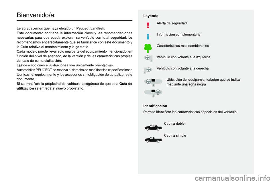 PEUGEOT LANDTREK 2022 Manual del propietario (in Spanish)
Bienvenido/a
Le agradecemos que haya elegido un Peugeot Landtrek.
Este documento contiene la información clave y las recomendaciones
necesarias PEUGEOT LANDTREK 2022 Manual del propietario (in Spanish)
Bienvenido/a
Le agradecemos que haya elegido un Peugeot Landtrek.
Este documento contiene la información clave y las recomendaciones
necesarias
