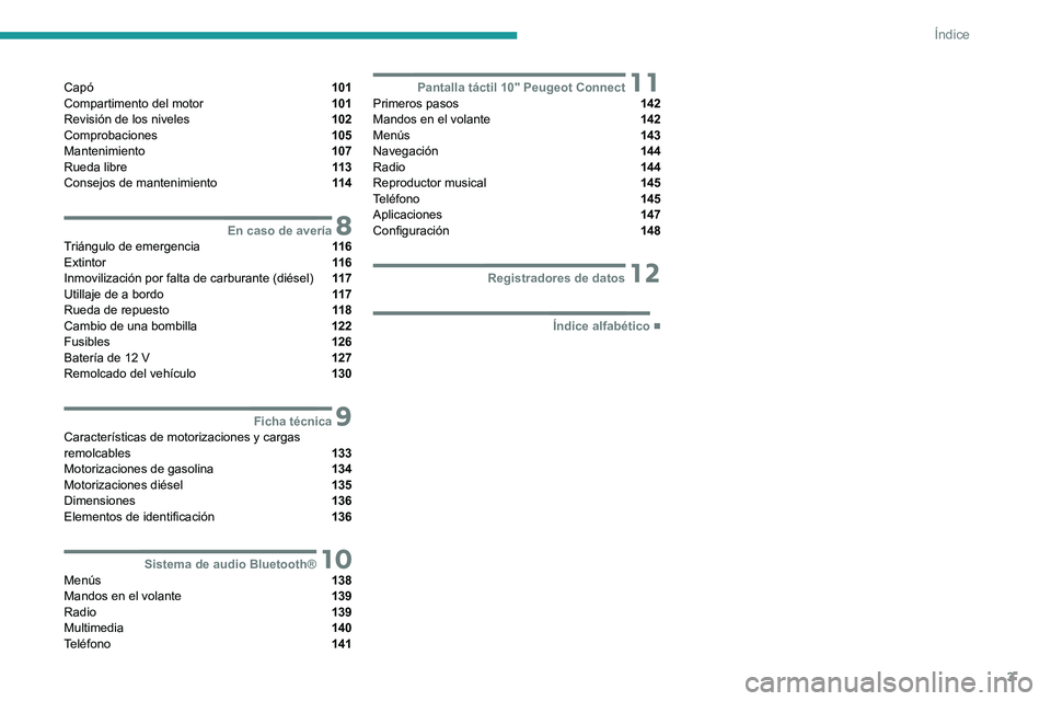 PEUGEOT LANDTREK 2022 Manual del propietario (in Spanish) 3
Índice
Capó 101
Compartimento del motor 101
Revisión de los niveles 102
Comprobaciones 105
Mantenimiento 107
Rueda libre 11 3
Consejos de mantenimiento 11 4
8En caso de averíaTriángulo PEUGEOT LANDTREK 2022 Manual del propietario (in Spanish) 3
Índice
Capó 101
Compartimento del motor 101
Revisión de los niveles 102
Comprobaciones 105
Mantenimiento 107
Rueda libre 11 3
Consejos de mantenimiento 11 4
8En caso de averíaTriángulo