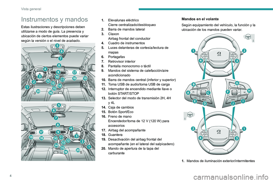 PEUGEOT LANDTREK 2022 Manual del propietario (in Spanish) 4
Vista general
Instrumentos y mandos
Estas ilustraciones y descripciones deben
utilizarse a modo de guía. La presencia y
ubicación de ciertos elementos puede variar
según la versión o el nivel PEUGEOT LANDTREK 2022 Manual del propietario (in Spanish) 4
Vista general
Instrumentos y mandos
Estas ilustraciones y descripciones deben
utilizarse a modo de guía. La presencia y
ubicación de ciertos elementos puede variar
según la versión o el nivel