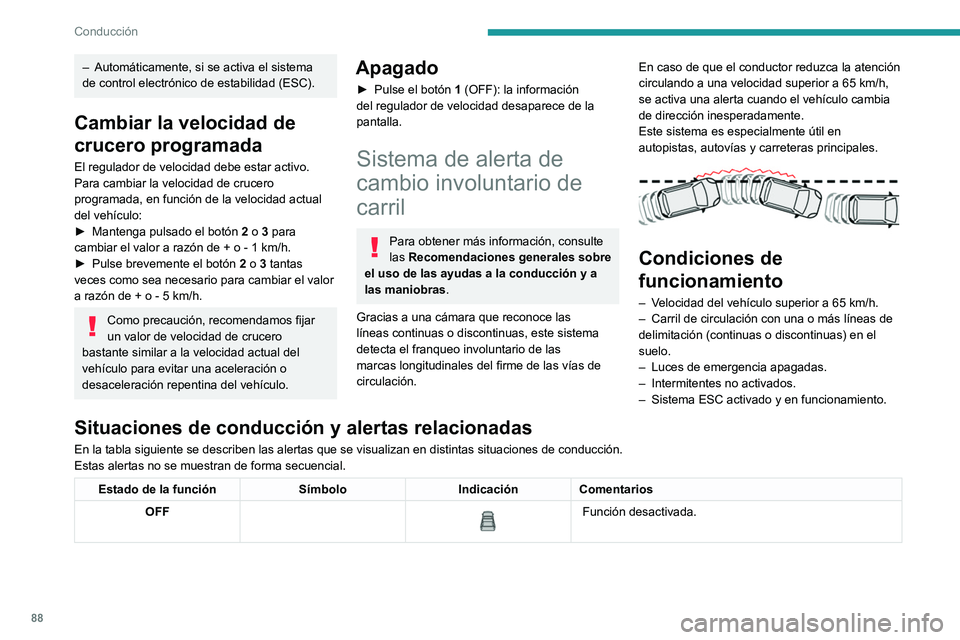 PEUGEOT LANDTREK 2022 Manual del propietario (in Spanish) 88
Conducción
– Automáticamente, si se activa el sistema
de control electrónico de estabilidad (ESC).
Cambiar la velocidad de
crucero programada
El regulador de velocidad debe estar activo.
Par PEUGEOT LANDTREK 2022 Manual del propietario (in Spanish) 88
Conducción
– Automáticamente, si se activa el sistema
de control electrónico de estabilidad (ESC).
Cambiar la velocidad de
crucero programada
El regulador de velocidad debe estar activo.
Par