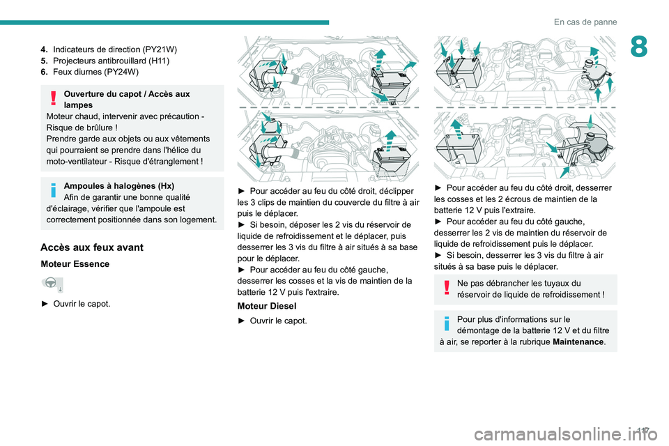 PEUGEOT LANDTREK 2022 Manuel du propriétaire (in French) 11 7
En cas de panne
84.Indicateurs de direction (PY21W)
5. Projecteurs antibrouillard (H11)
6. Feux diurnes (PY24W)
Ouverture du capot / Accès aux
lampes
Moteur chaud, intervenir avec précaution
PEUGEOT LANDTREK 2022 Manuel du propriétaire (in French) 11 7
En cas de panne
84.Indicateurs de direction (PY21W)
5. Projecteurs antibrouillard (H11)
6. Feux diurnes (PY24W)
Ouverture du capot / Accès aux
lampes
Moteur chaud, intervenir avec précaution