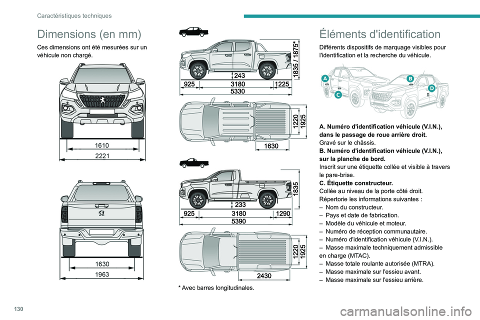 PEUGEOT LANDTREK 2022 Manuel du propriétaire (in French) 130
Caractéristiques techniques
Dimensions (en mm)
Ces dimensions ont été mesurées sur un
véhicule non chargé.
* Avec barres longitudinales.
Éléments d'identification
Dif PEUGEOT LANDTREK 2022 Manuel du propriétaire (in French) 130
Caractéristiques techniques
Dimensions (en mm)
Ces dimensions ont été mesurées sur un
véhicule non chargé.
* Avec barres longitudinales.
Éléments d'identification
Dif