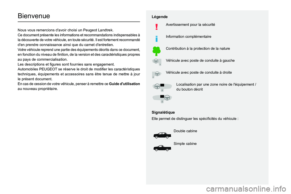 PEUGEOT LANDTREK 2022 Manuel du propriétaire (in French)
Bienvenue
Nous vous remercions d'avoir choisi un Peugeot Landtrek.
Ce document présente les informations et recommandations indispensables à PEUGEOT LANDTREK 2022 Manuel du propriétaire (in French)
Bienvenue
Nous vous remercions d'avoir choisi un Peugeot Landtrek.
Ce document présente les informations et recommandations indispensables à