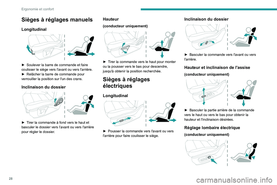 PEUGEOT LANDTREK 2022  Manuel du propriétaire (in French) 28
Ergonomie et confort
Sièges à réglages manuels
Longitudinal 
 
► Soulever la barre de commande et faire 
coulisser le siège vers l'avant ou vers l'arrière.
►
 
Relâcher la barre d