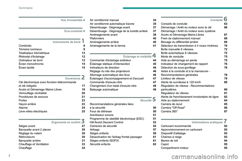 PEUGEOT LANDTREK 2022  Manuel du propriétaire (in French) 2
Sommaire
  ■
Vue d’ensemble
  ■
Eco-conduite
 1Instruments de bordCombinés  8
Témoins lumineux  9
Totalisateur kilométrique  13
Rhéostat d'éclairage  13
Ordinateur de bord  13
Éc