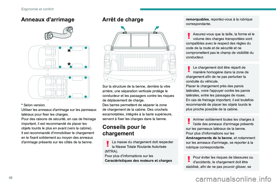 PEUGEOT LANDTREK 2022  Manuel du propriétaire (in French) 42
Ergonomie et confort
Anneaux d'arrimage 
 
* Selon version.
Utiliser les anneaux d'arrimage sur les panneaux 
latéraux pour fixer les charges.
Pour des raisons de sécurité, en cas de fre