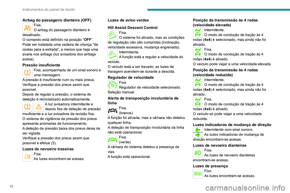 PEUGEOT LANDTREK 2022 Manual de utilização (in Portuguese) 12
Instrumentos do painel de bordo
Luzes de cruzamentoFixa.
As luzes encontram-se acesas.
Luzes de aviso azuis
Luzes de estrada
Fixa.
As luzes encontram-se acesas.
Indicador de temperatura
do líquid PEUGEOT LANDTREK 2022 Manual de utilização (in Portuguese) 12
Instrumentos do painel de bordo
Luzes de cruzamentoFixa.
As luzes encontram-se acesas.
Luzes de aviso azuis
Luzes de estrada
Fixa.
As luzes encontram-se acesas.
Indicador de temperatura
do líquid