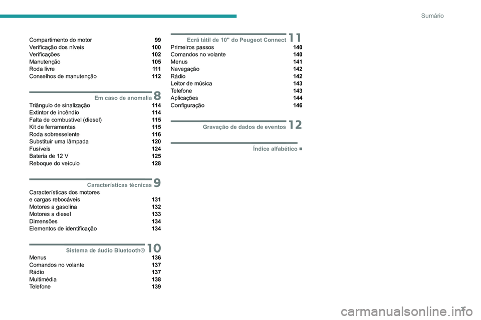 PEUGEOT LANDTREK 2022 Manual de utilização (in Portuguese) 3
Sumário
Compartimento do motor 99
Verificação dos níveis 100
Verificações 102
Manutenção 105
Roda livre 111
Conselhos de manutenção 11 2
8Em caso de anomaliaTriângulo de sinalizaç PEUGEOT LANDTREK 2022 Manual de utilização (in Portuguese) 3
Sumário
Compartimento do motor 99
Verificação dos níveis 100
Verificações 102
Manutenção 105
Roda livre 111
Conselhos de manutenção 11 2
8Em caso de anomaliaTriângulo de sinalizaç