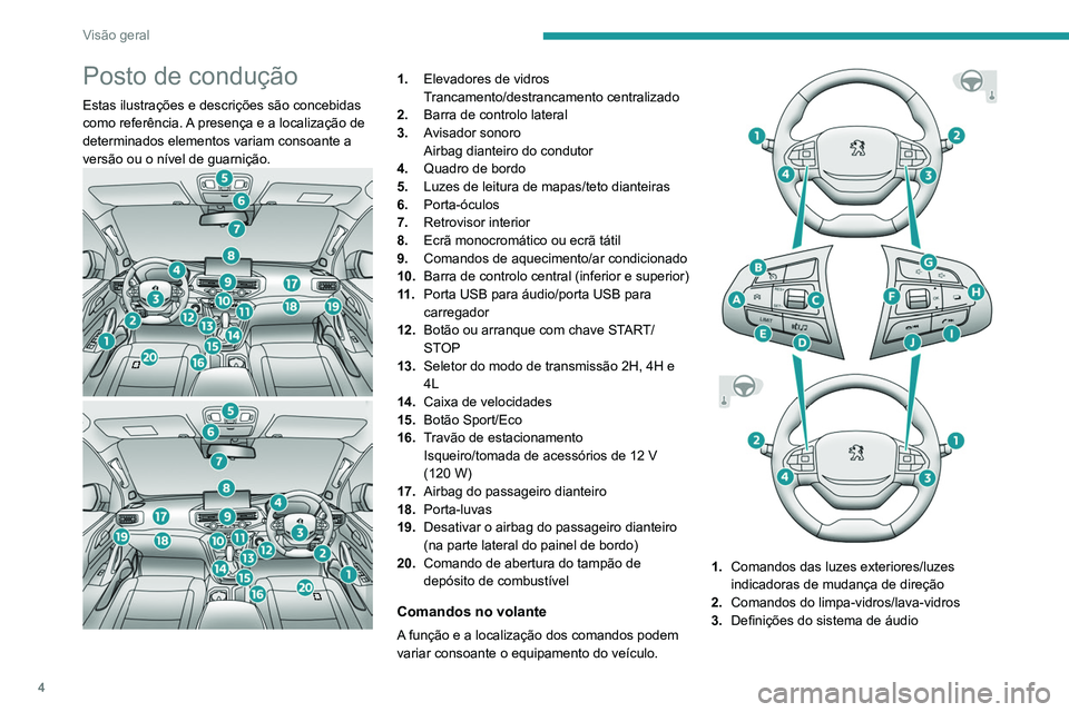 PEUGEOT LANDTREK 2022 Manual de utilização (in Portuguese) 4
Visão geral
Posto de condução
Estas ilustrações e descrições são concebidas
como referência. A presença e a localização de
determinados elementos variam consoante a
versão ou o níve PEUGEOT LANDTREK 2022 Manual de utilização (in Portuguese) 4
Visão geral
Posto de condução
Estas ilustrações e descrições são concebidas
como referência. A presença e a localização de
determinados elementos variam consoante a
versão ou o níve